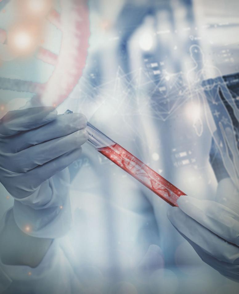 Doctor holding a glass tube with a DNA-shaped structure inside